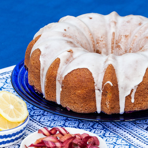 Lemon Rhubarb Bundt Cake with Candied Rhubarb Curls