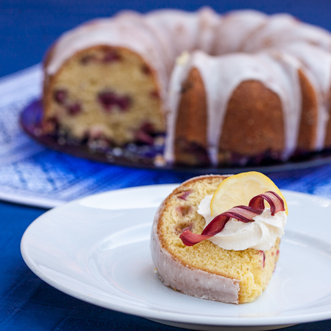 Lemon Rhubarb Bundt Cake with Candied Rhubarb Curls